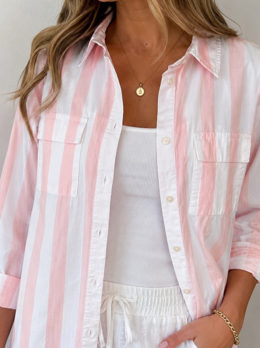 Ann Taylor Weekend Pink White Striped Button Down Shirt XS Cotton Chest Pocket